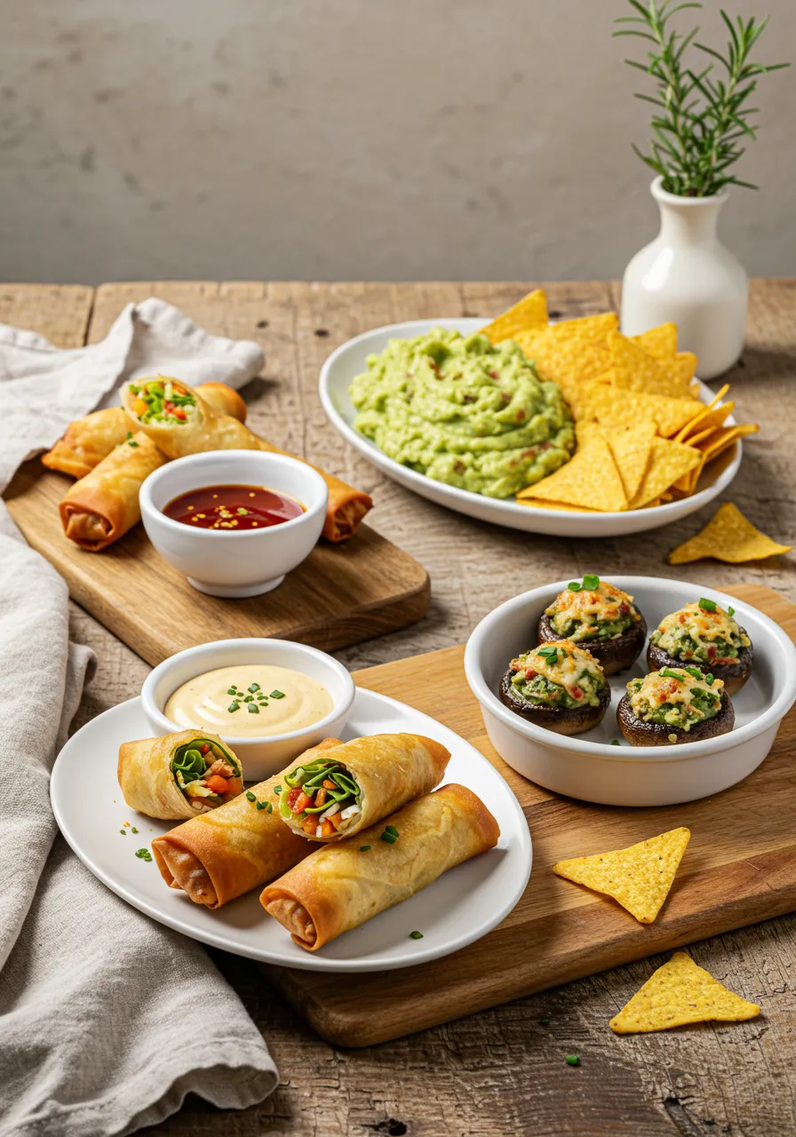 A variety of appetizers including spring rolls, guacamole with chips, and stuffed mushrooms.