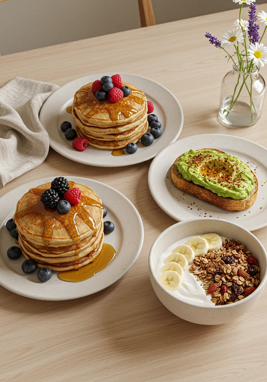 A breakfast spread featuring pancakes, avocado toast, and granola with