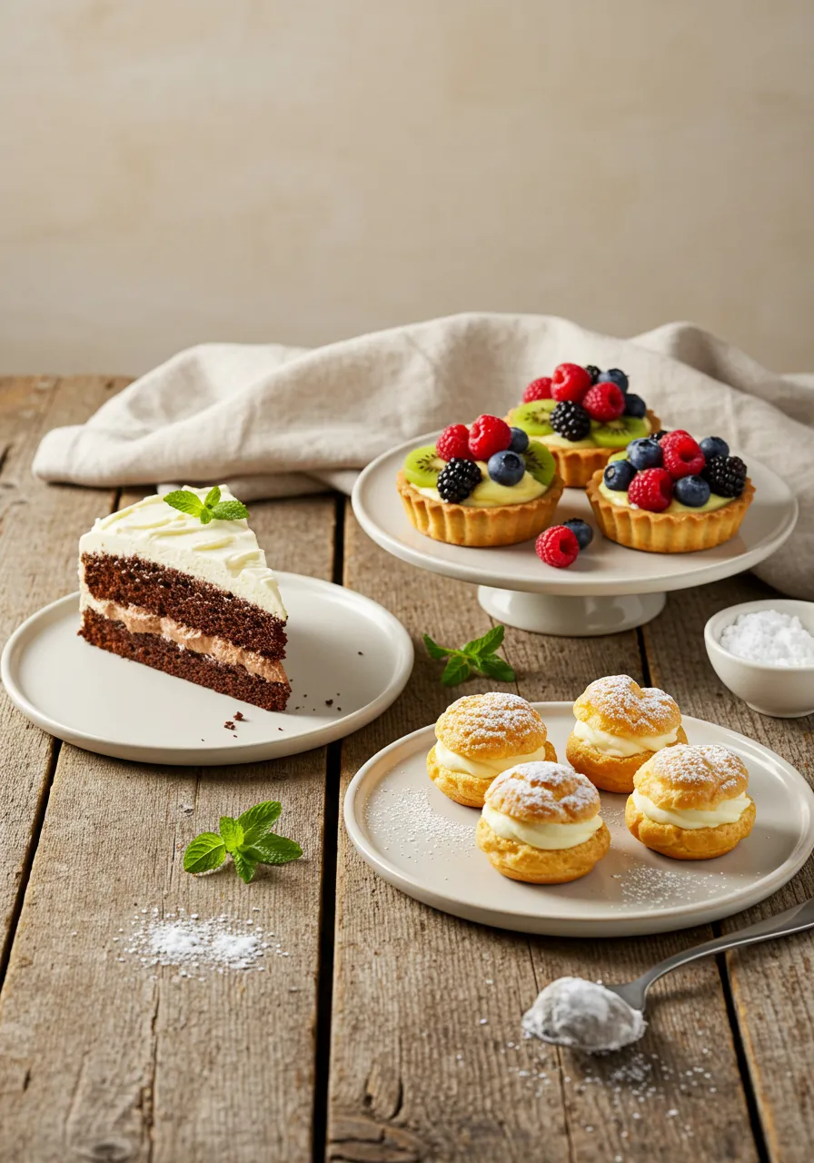 A delightful dessert spread with chocolate cake, fruit tarts, and cream puffs.
