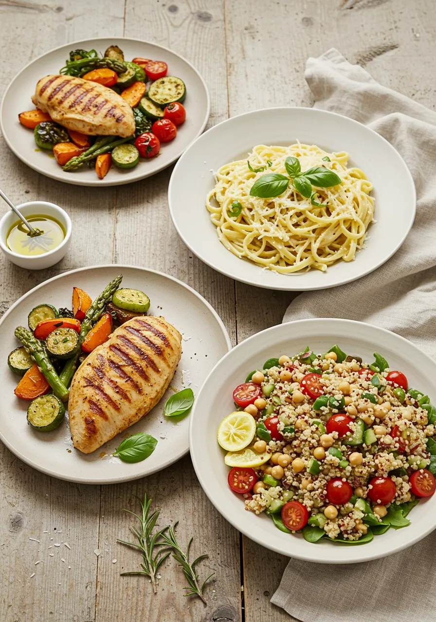 Main dishes including grilled chicken, creamy pasta, and quinoa salad.