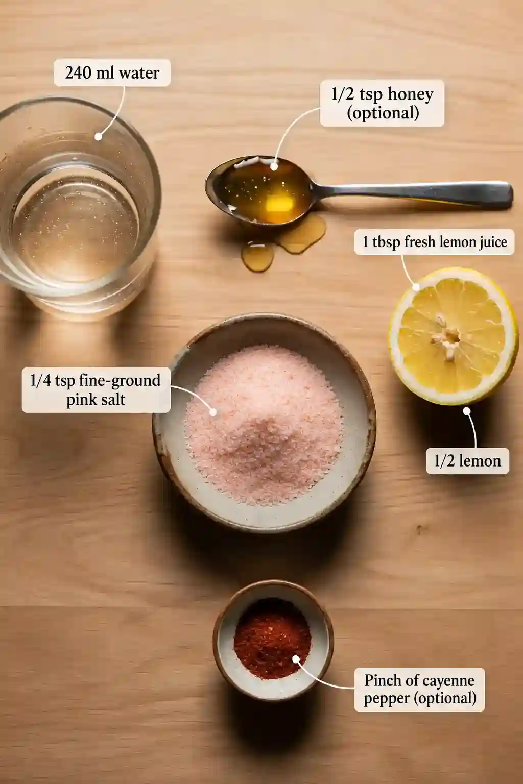 Pink salt drink ingredients with quantity labels