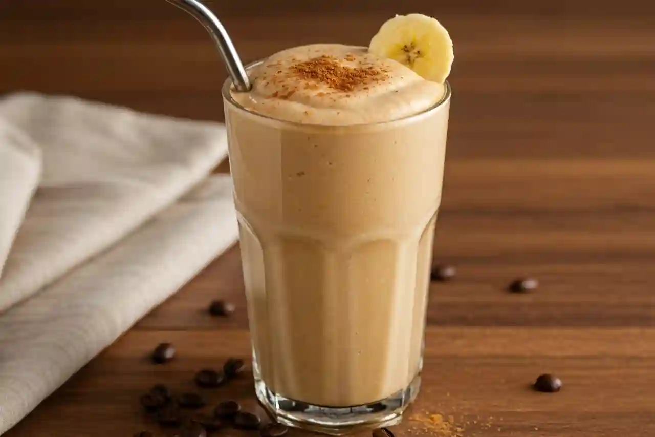 Banana coffee drinks in a tall clear glass with foam