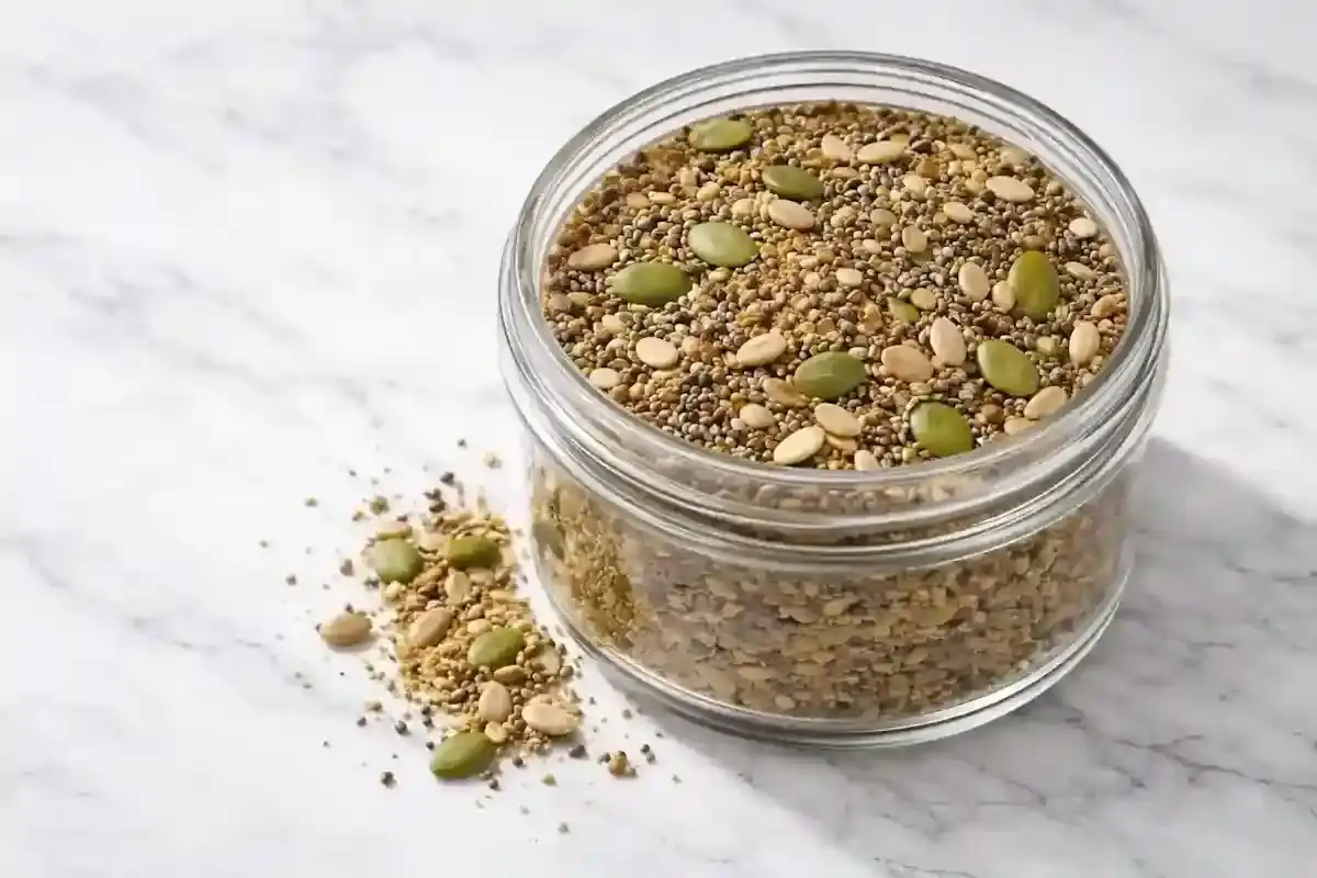 Bariatric seed recipe mix with chia, flax, pumpkin, and sunflower seeds in a glass jar