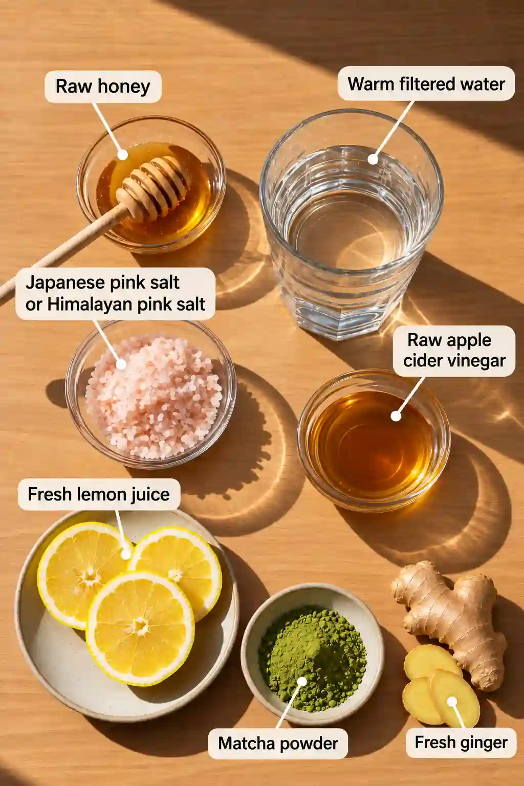 Japanese Pink Salt Drink Ingredients Ingredients for Japanese pink salt drink with water, lemon, honey, apple cider vinegar, matcha, and ginger