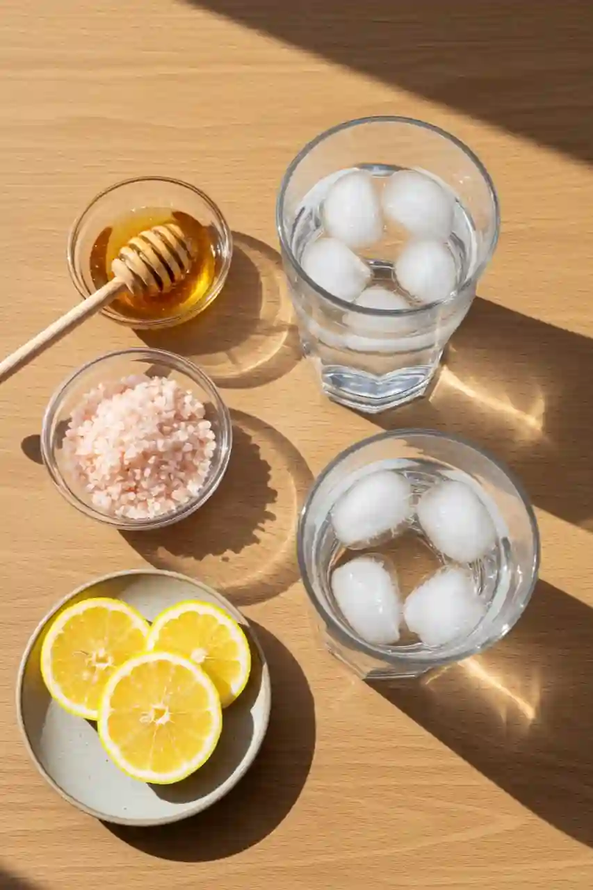japanese-pink-salt-weight-loss-ingredients Ingredients for Japanese pink salt weight loss drink including pink salt, honey, lemon, and water
