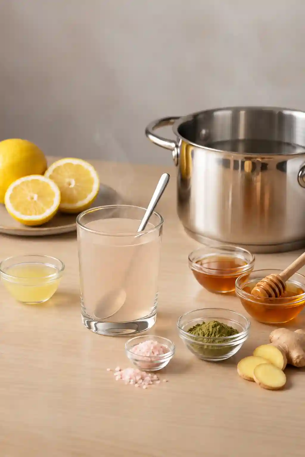 How to Make Japanese Pink Salt Drink Preparing Japanese pink salt drink with warm water, lemon, honey, matcha, ginger, and pink salt