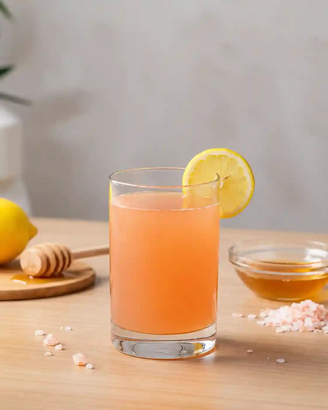 Japanese Pink Salt Drink Serving Japanese pink salt drink served with lemon, honey, and pink salt