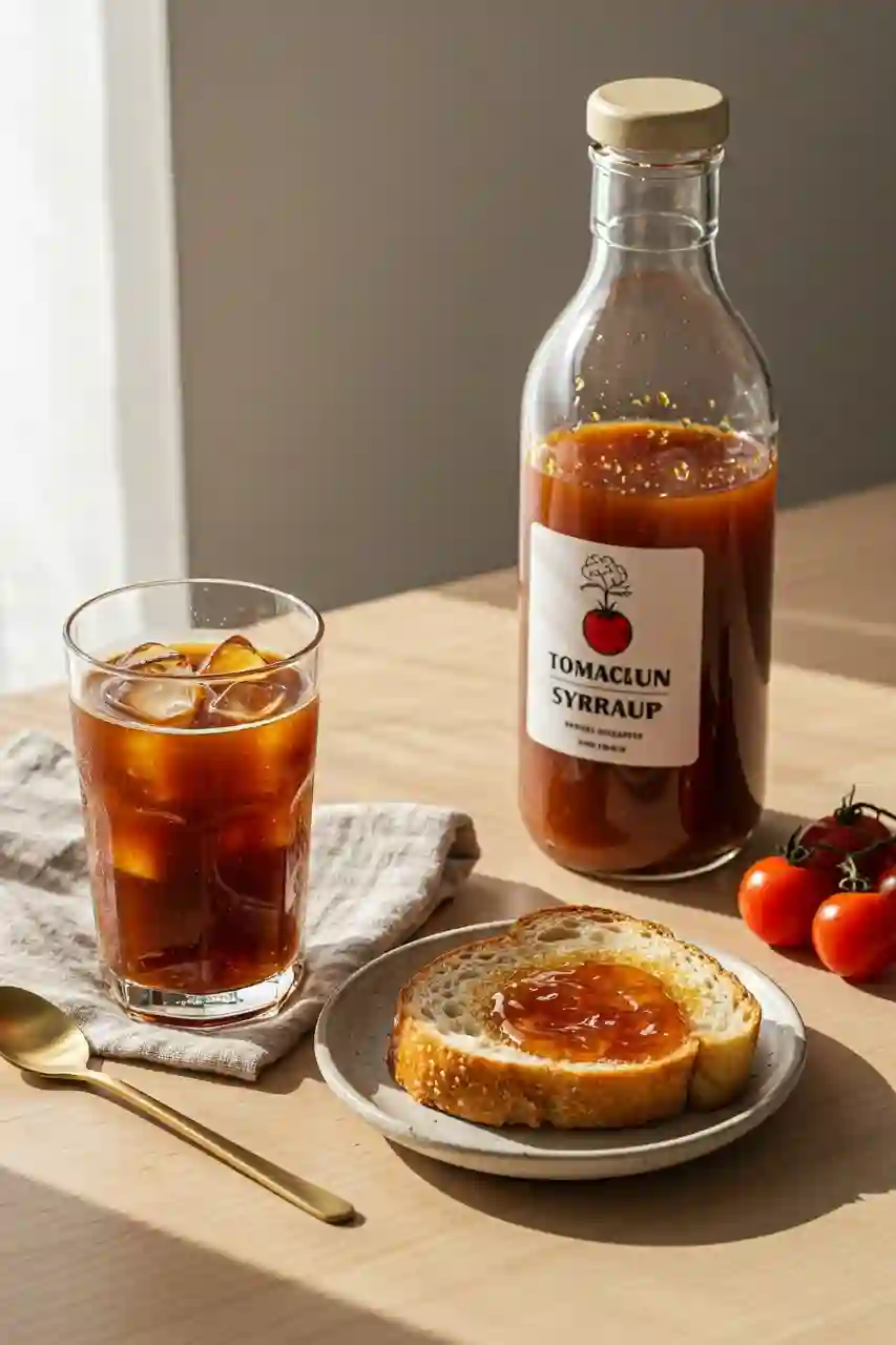 korean-tomato-syrup-serving.webP serving korean tomato syrup in iced coffee and toast