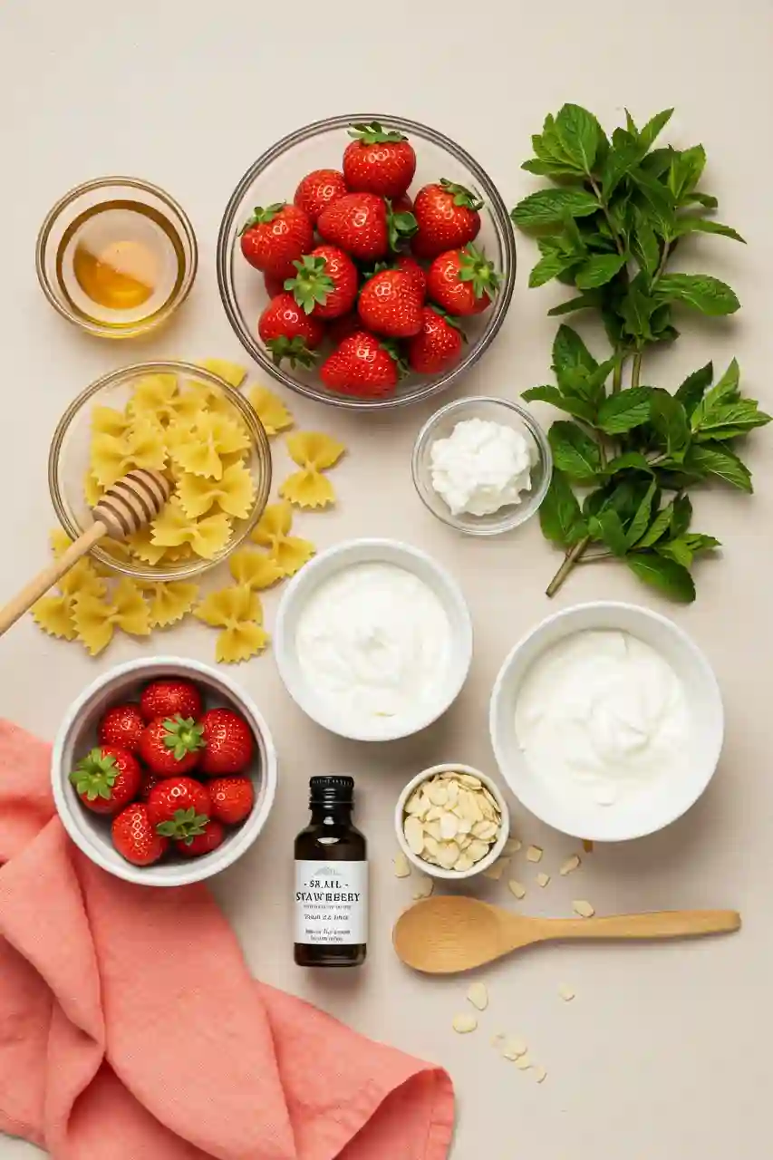 strawberry-pasta-recipe-ingredients.webP Ingredients for strawberry pasta recipe with farfalle