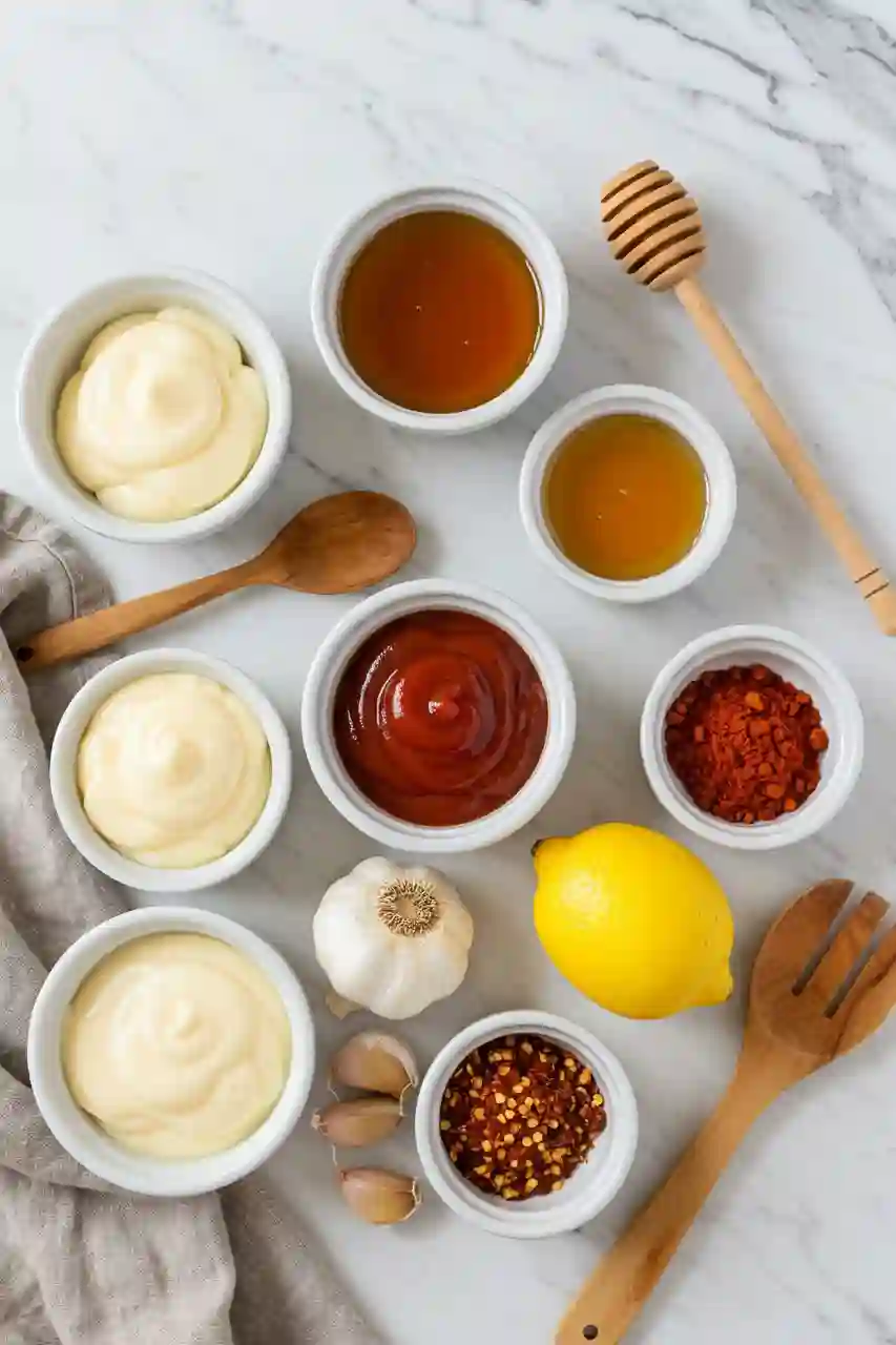 warlockian-sauce-ingredients.webp Flat lay of Warlockian Sauce ingredients including mayo, ketchup, garlic, honey, and paprika