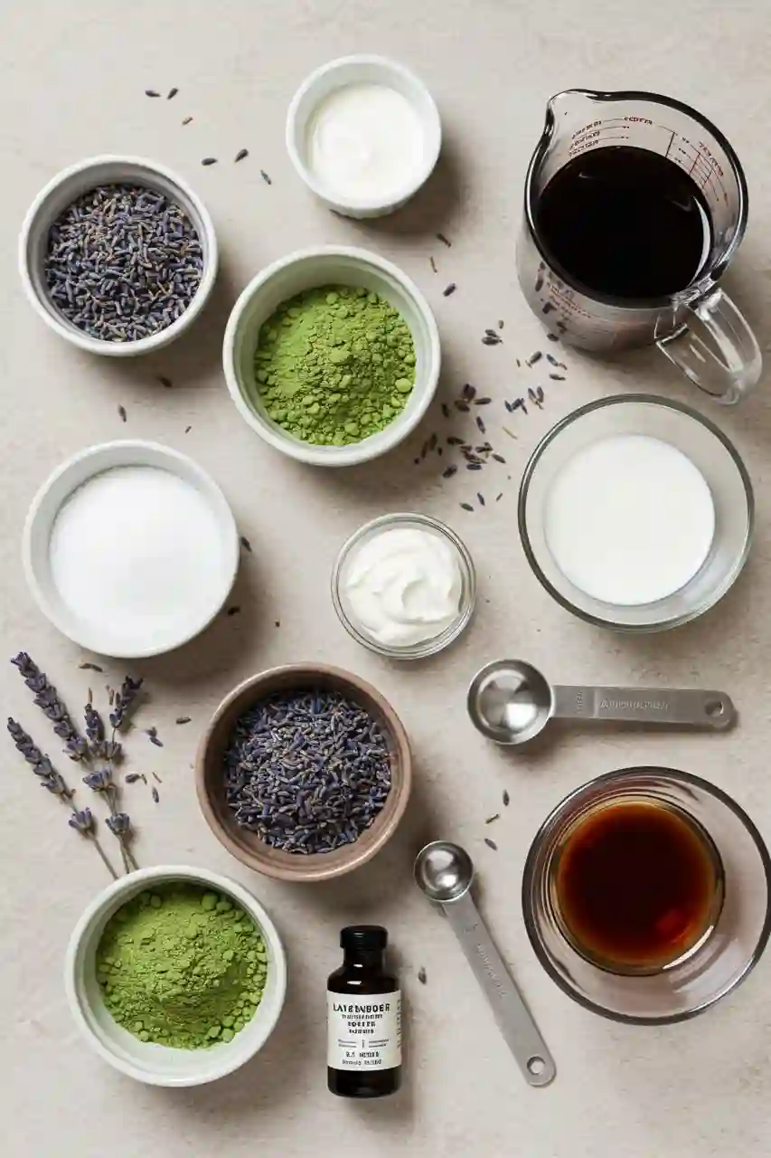 lavender-matcha-ingredients Ingredients for making a lavender matcha latte at home