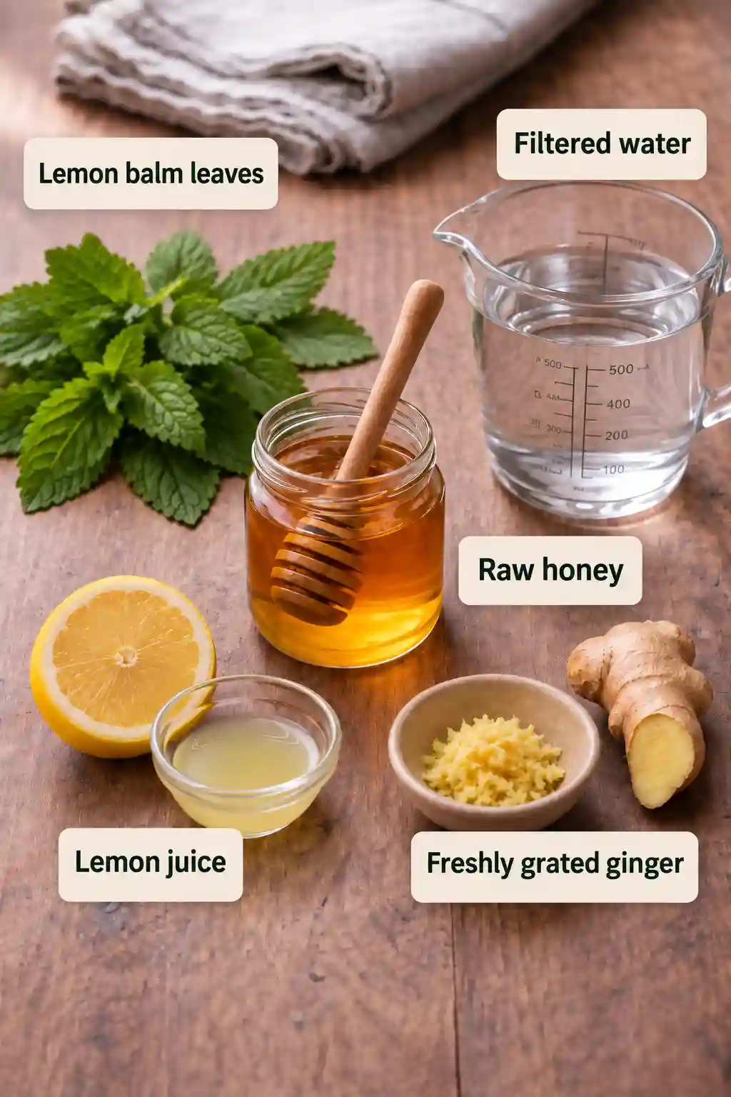 Lemon Balm Ingredients for Weight Loss Recipe Lemon balm ingredients with fresh lemon balm leaves, filtered water, raw honey, lemon juice, and grated ginger