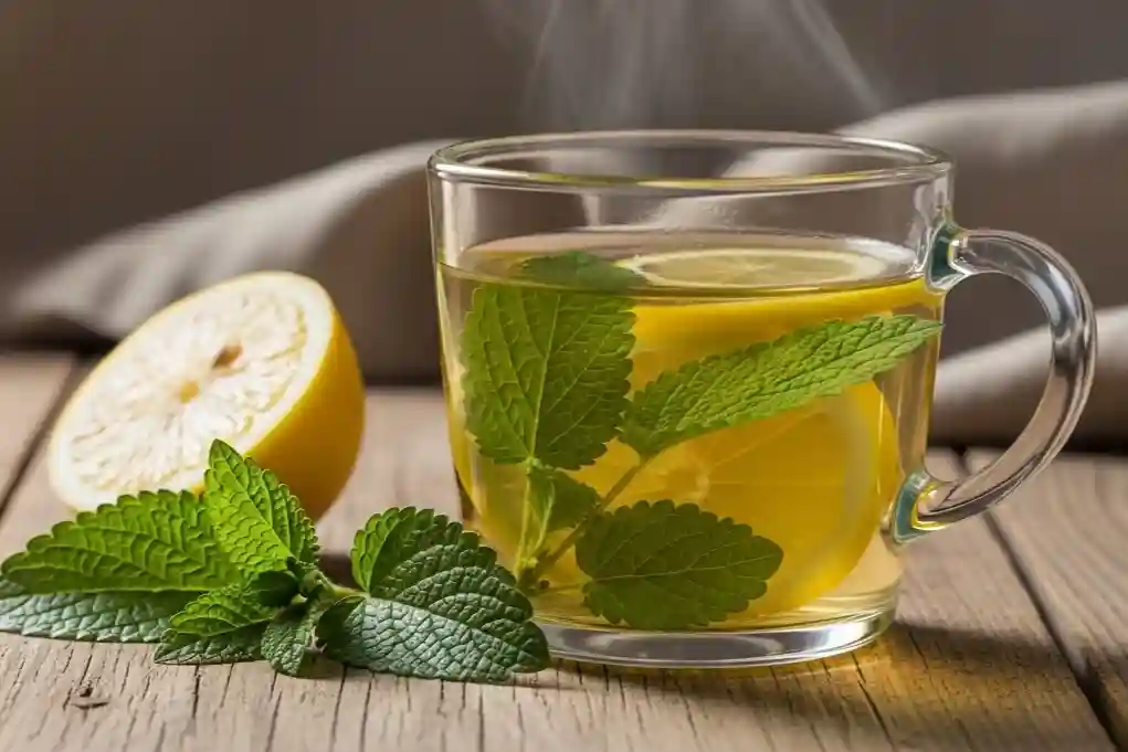 Side view of lemon balm tea in a clear mug with lemon