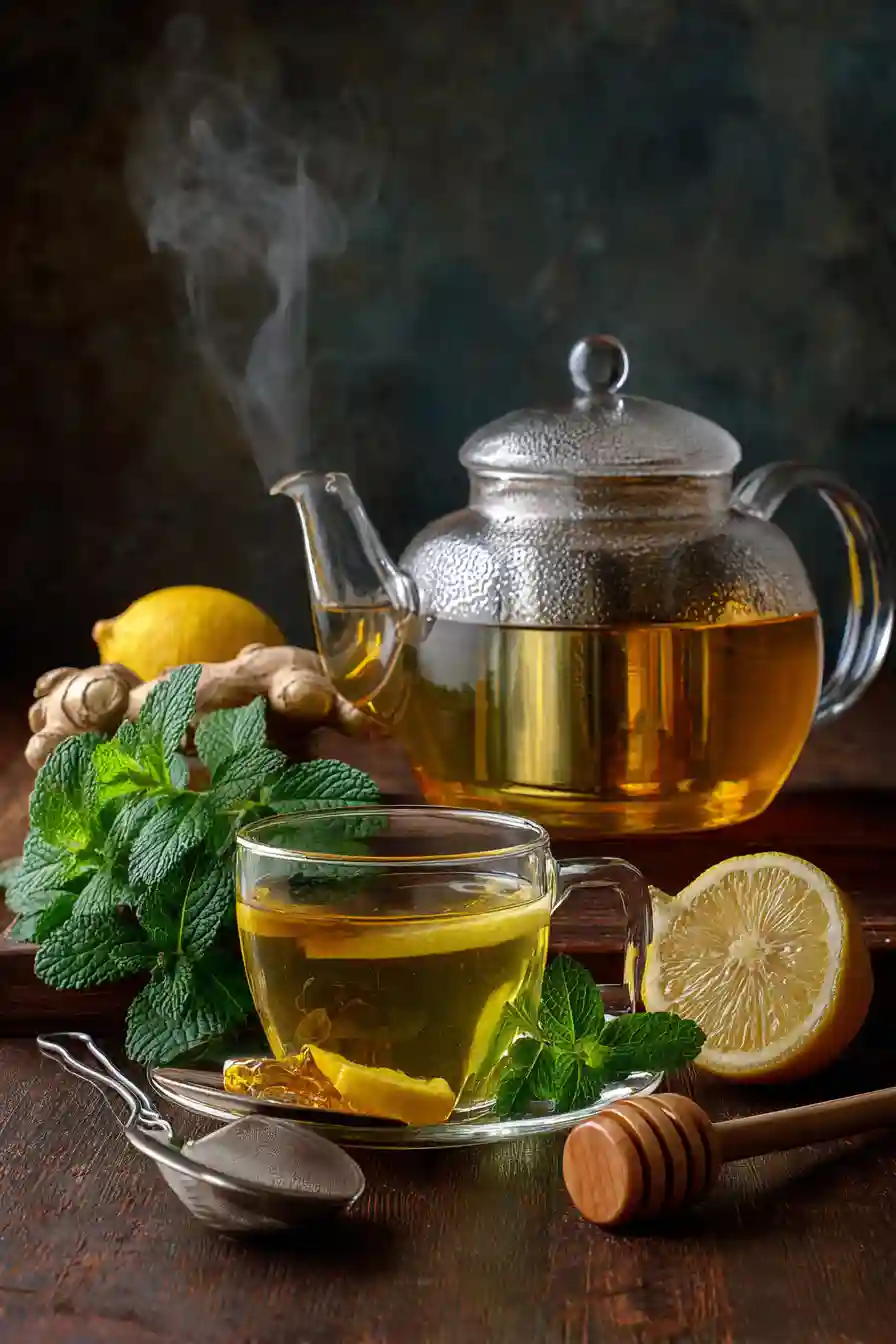 Lemon Balm Tea Preparation Steps Step-by-step collage of lemon balm tea preparation in glass teapot and cup on dark background