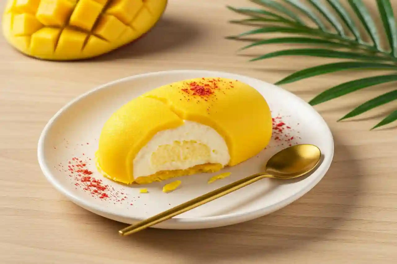 Propitious mango ice cream cracked open with creamy mango filling