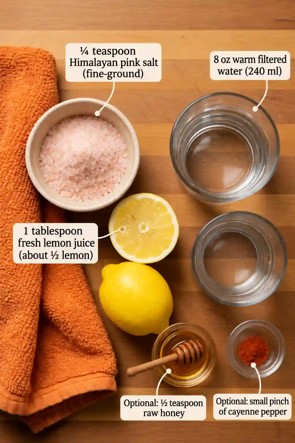 Ingredients for Pink Salt Trick Recipe Ingredients for pink salt trick recipe with Himalayan pink salt, warm water, lemon, honey, and cayenne