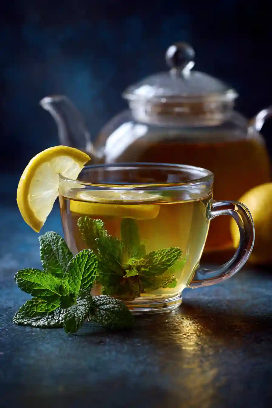 Lemon Balm Tea Final Serving Image Transparent glass cup of lemon balm tea with lemon garnish against dark background