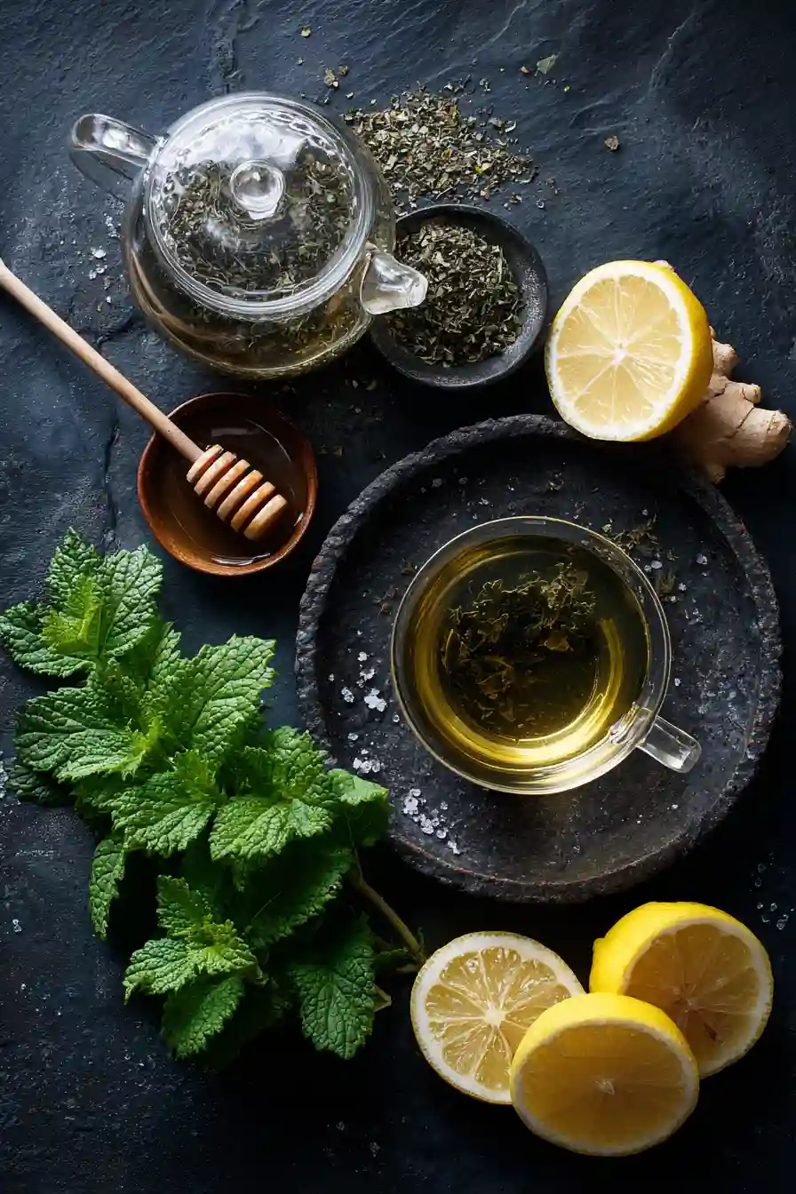 Lemon Balm Tea Ingredients for Weight Loss Lemon balm leaves, lemon, ginger, and honey with glass cup and teapot