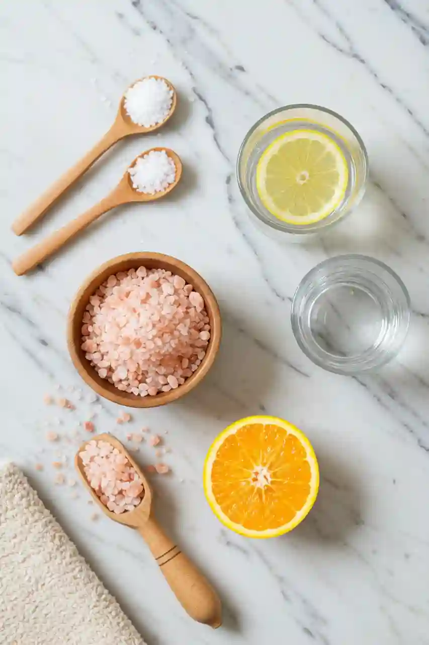 pink-salt-recipe-ingredients-flatlay Flat lay of pink salt recipe ingredients with lemon, salt, and water