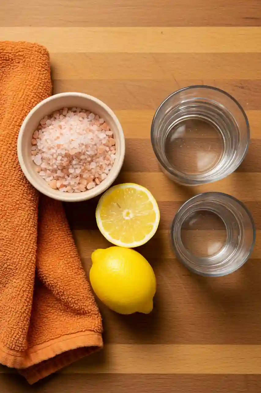 Ingredients for Pink Salt Trick Recipe Lemon, Himalayan pink salt, and water for the pink salt trick recipe