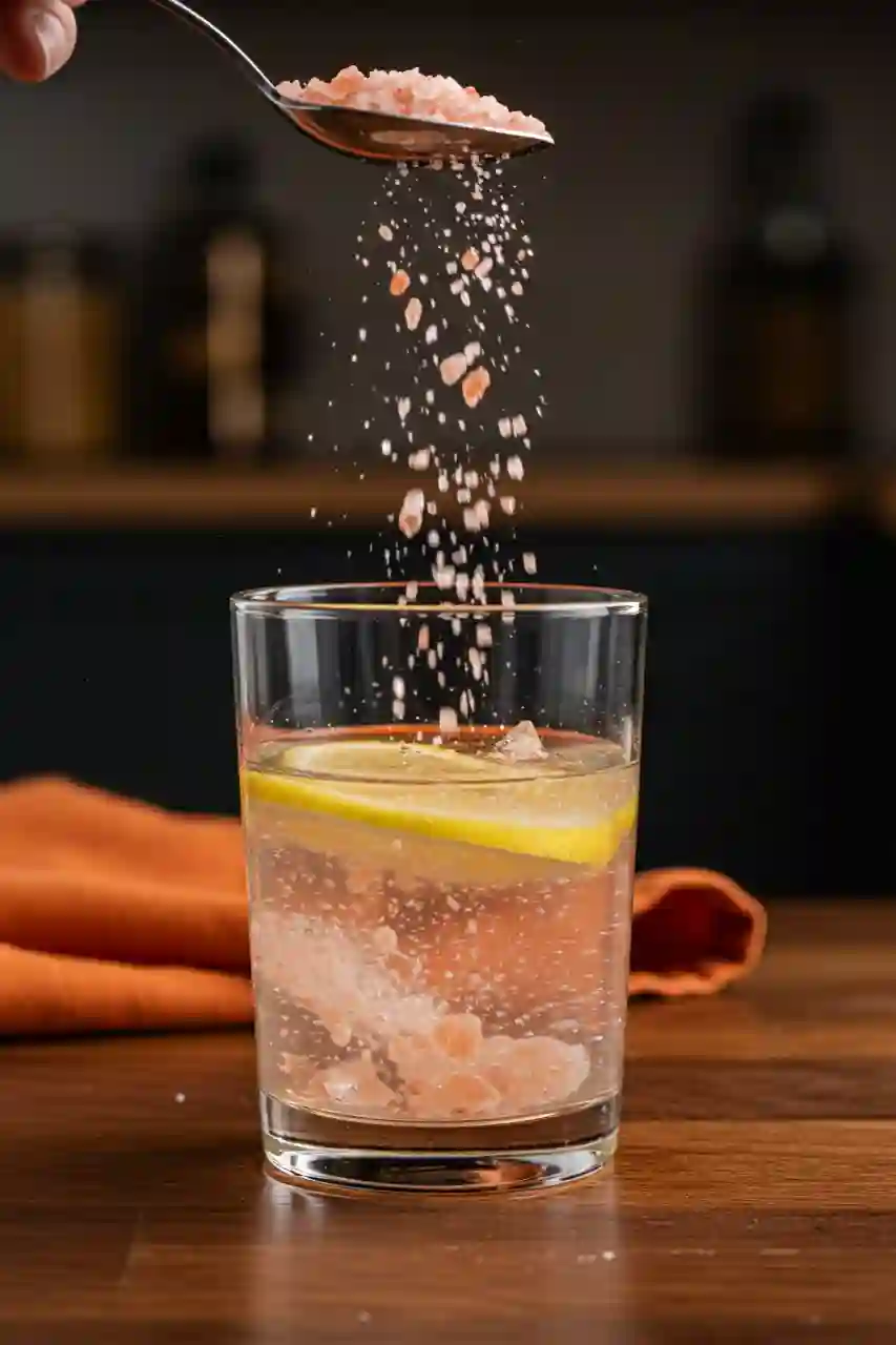 Mixing the Pink Salt Trick Recipe Himalayan pink salt falling into a glass of lemon water for pink salt trick recipe