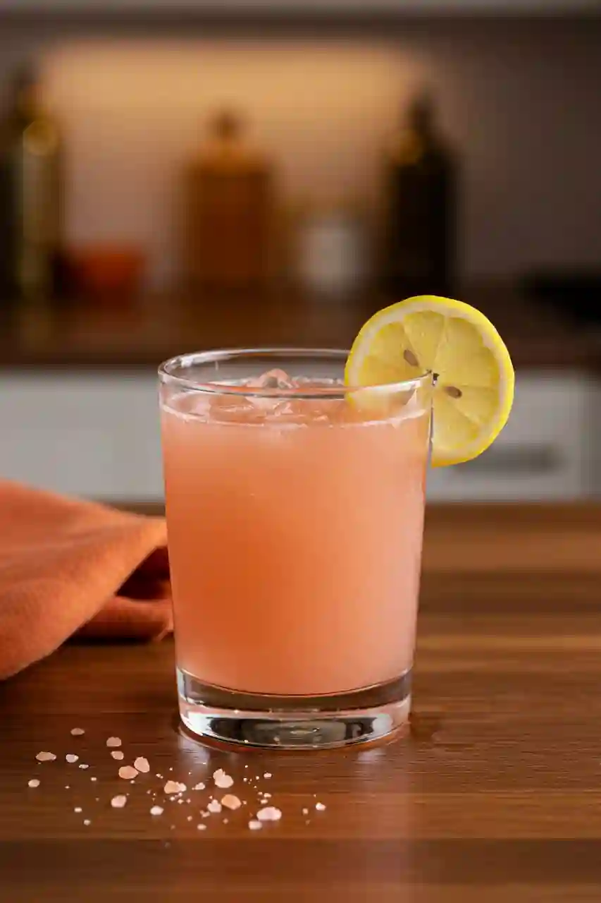 Serving the Pink Salt Trick Recipe Glass of pink salt trick recipe served with lemon slice on wooden counter