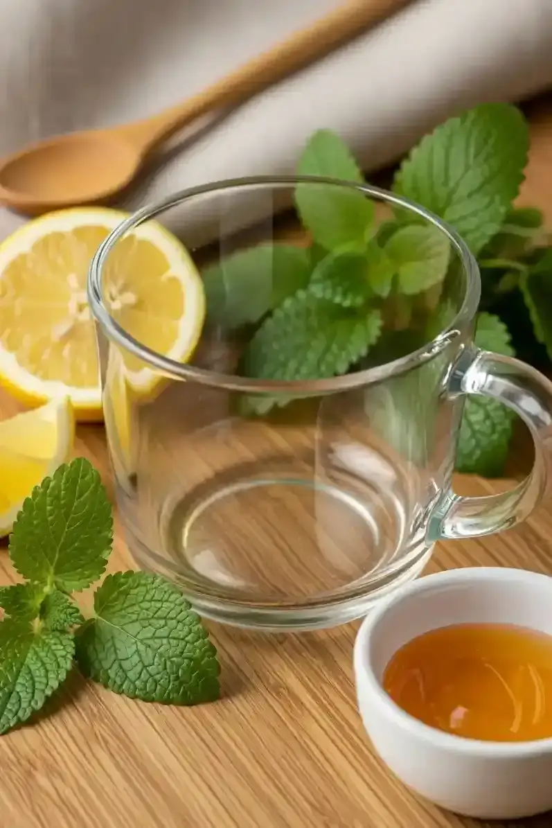 Fresh lemon balm leaves, lemon slices, and honey, natural ingredients used in the TastyMillions lemon balm weight loss guide.