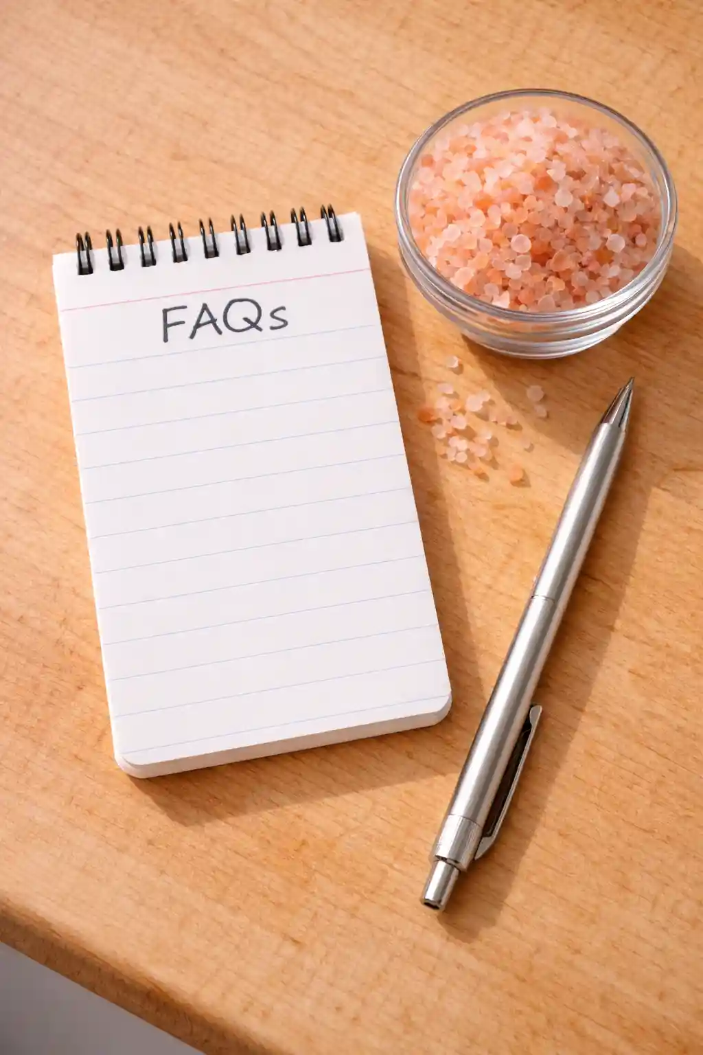 Top-down view of a notepad labeled “FAQs” beside a small bowl of pink Himalayan salt and a pen - supporting the educational section of the pink salt weight loss guide.