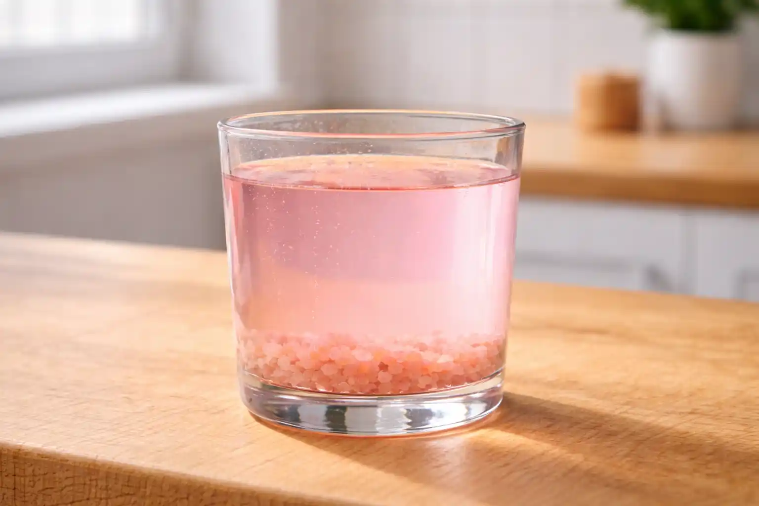 Glass of pink Himalayan salt water on a bright kitchen counter in morning light - featured in the pink salt weight loss guide.