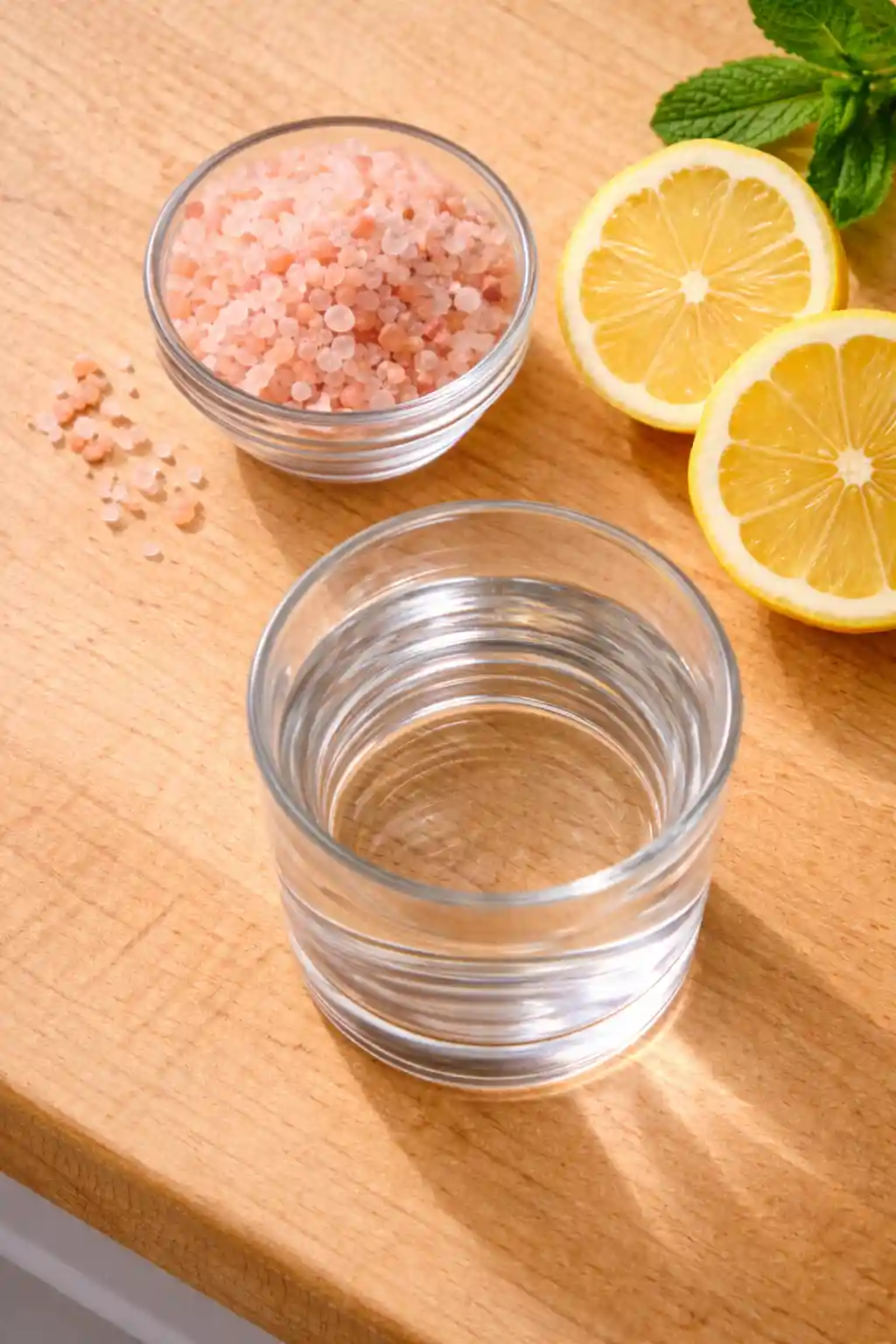 Flat lay of pink Himalayan salt, lemon slices, and a glass of water on a wooden counter - illustrating hydration tips from the pink salt weight loss guide.