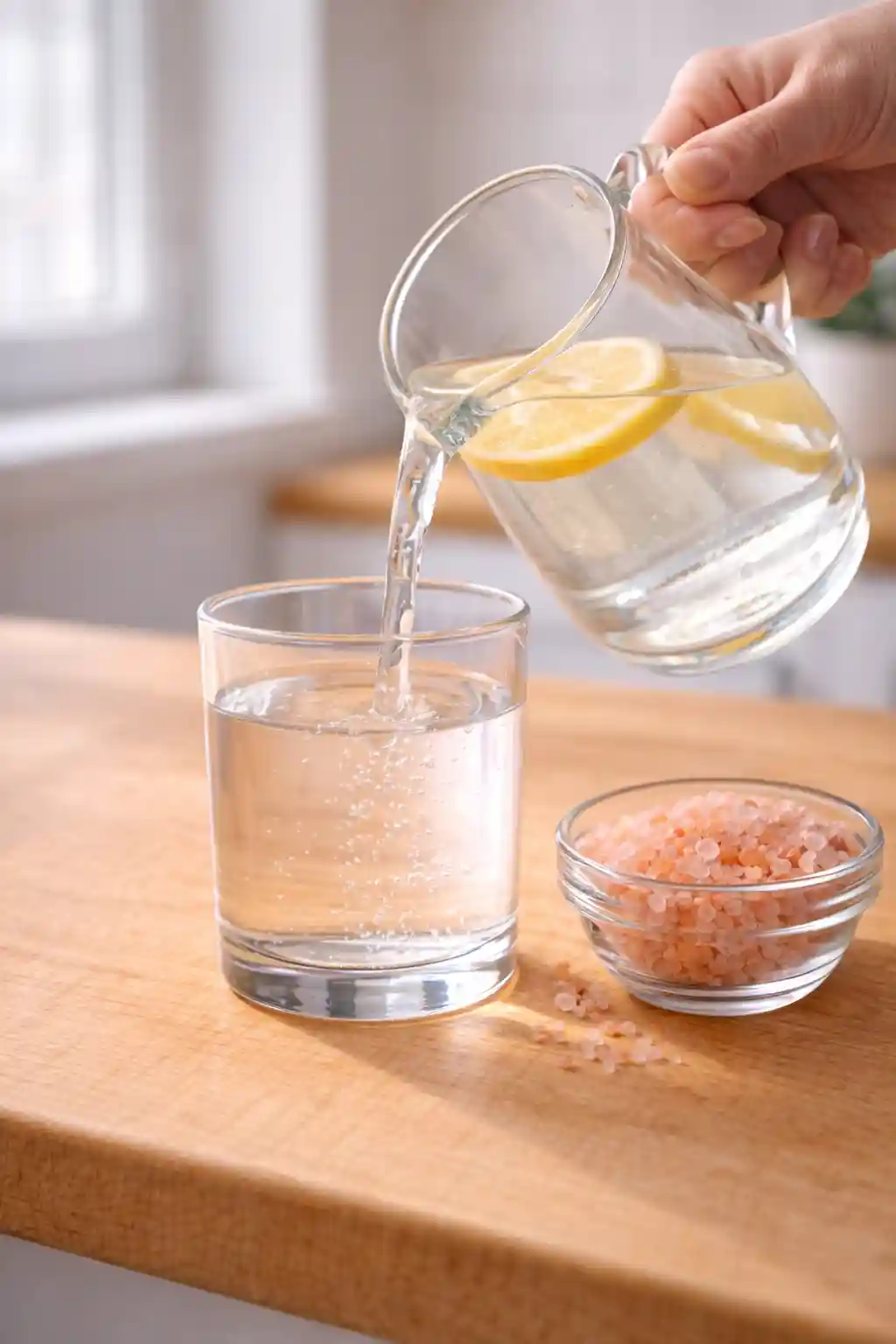 Hand pouring lemon water into a glass beside a bowl of pink salt - a simple morning ritual from the pink salt weight loss guide.