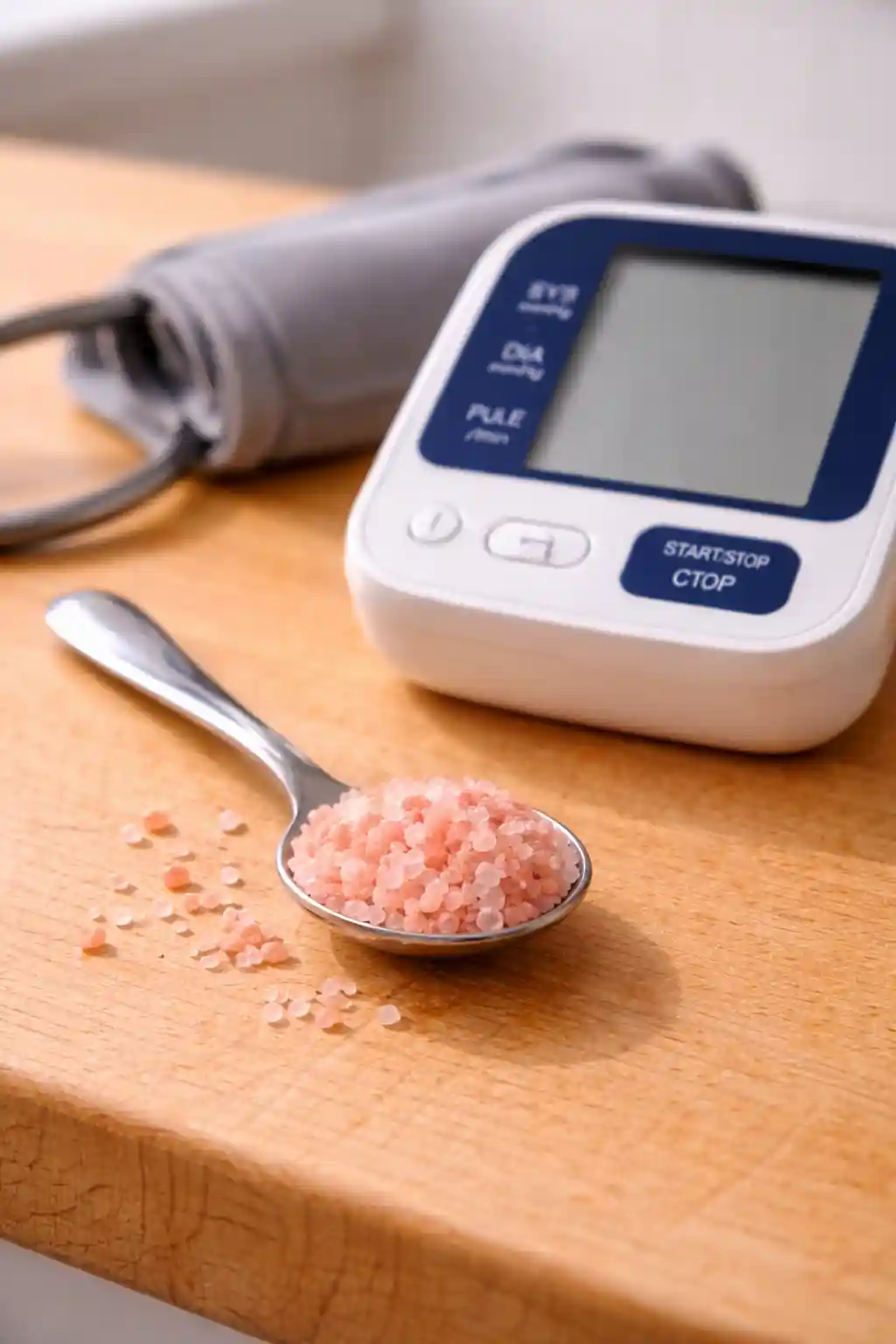 Close-up of a teaspoon filled with pink salt beside a blood pressure monitor on a bright kitchen counter -symbolizing moderation and health awareness.