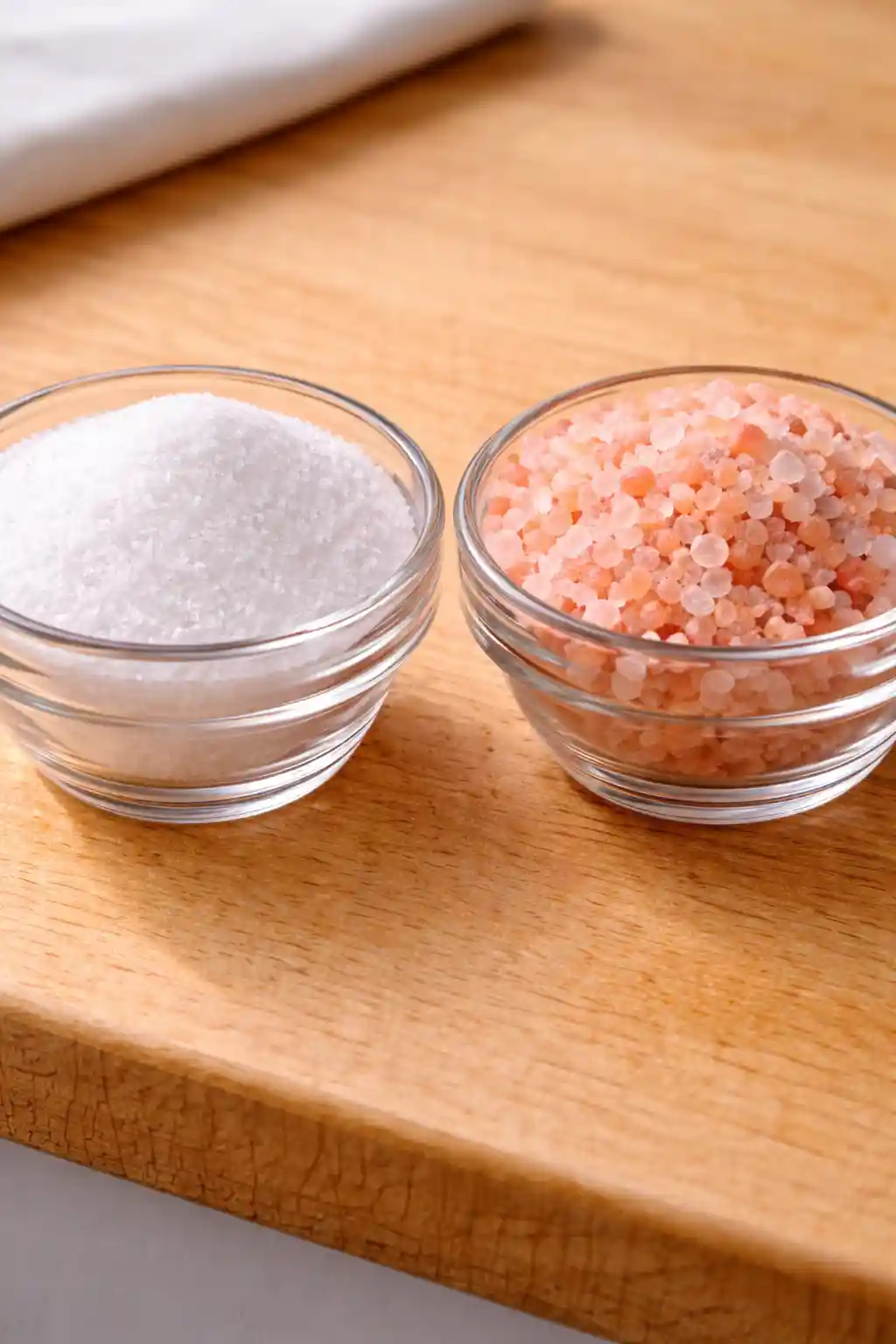 Macro comparison between pink Himalayan salt and white table salt - showing similar textures and composition.