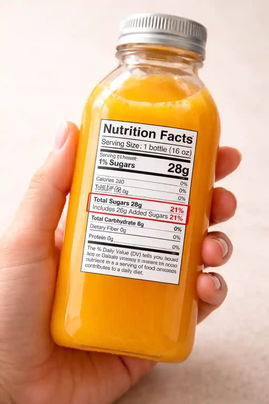 Close-up of a juice bottle nutrition label showing added sugars and ingredients.
