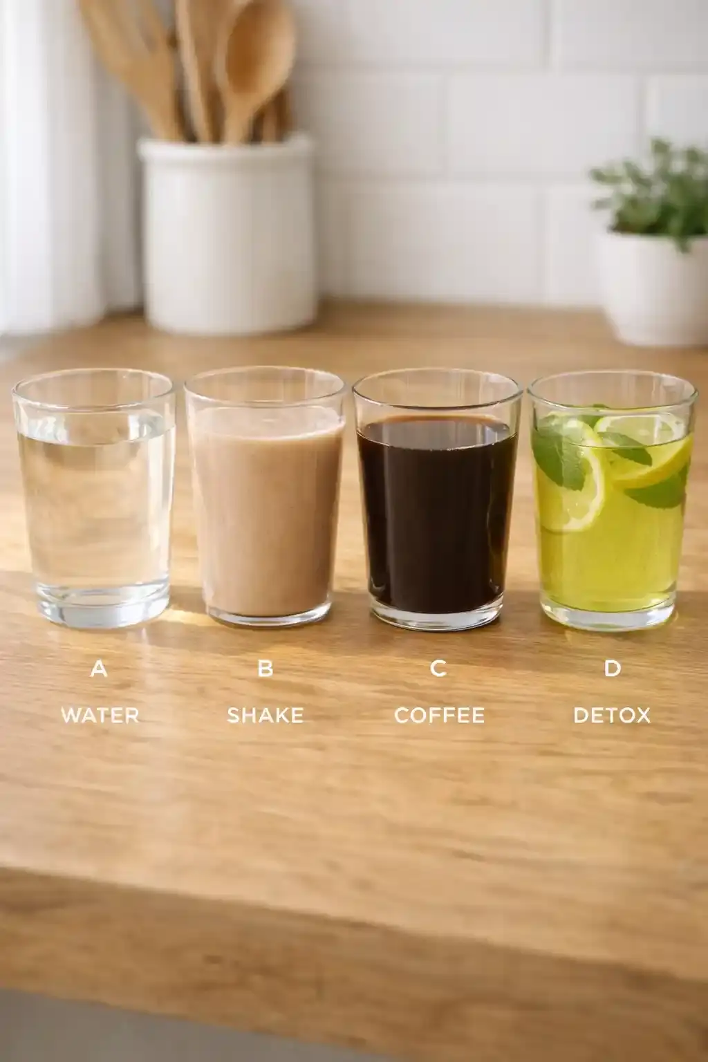 Four glasses comparing beverages to show weight loss drinks effectiveness.