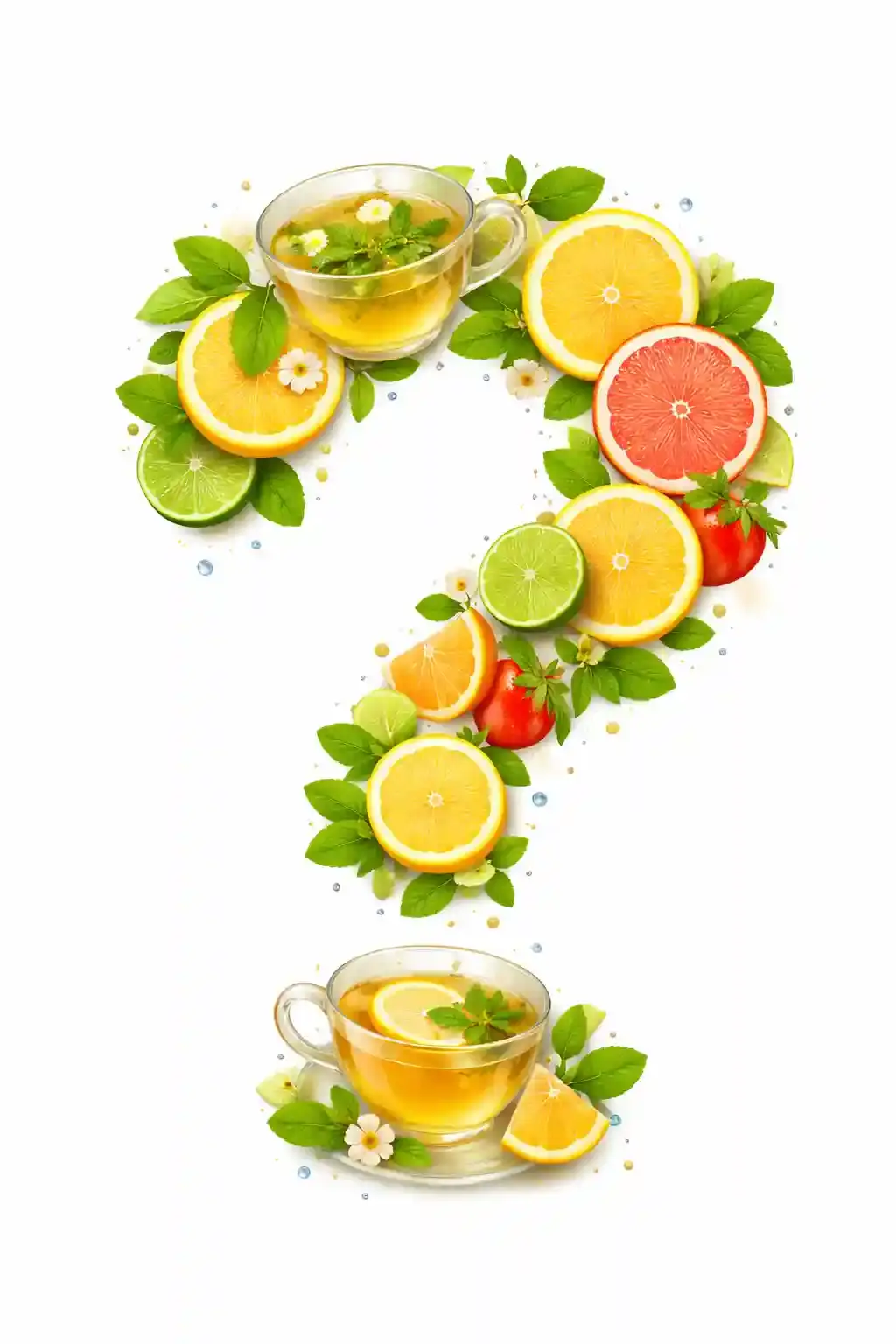 Question mark made from lemon slices, mint leaves, and tea cups representing FAQs about natural weight loss drinks.