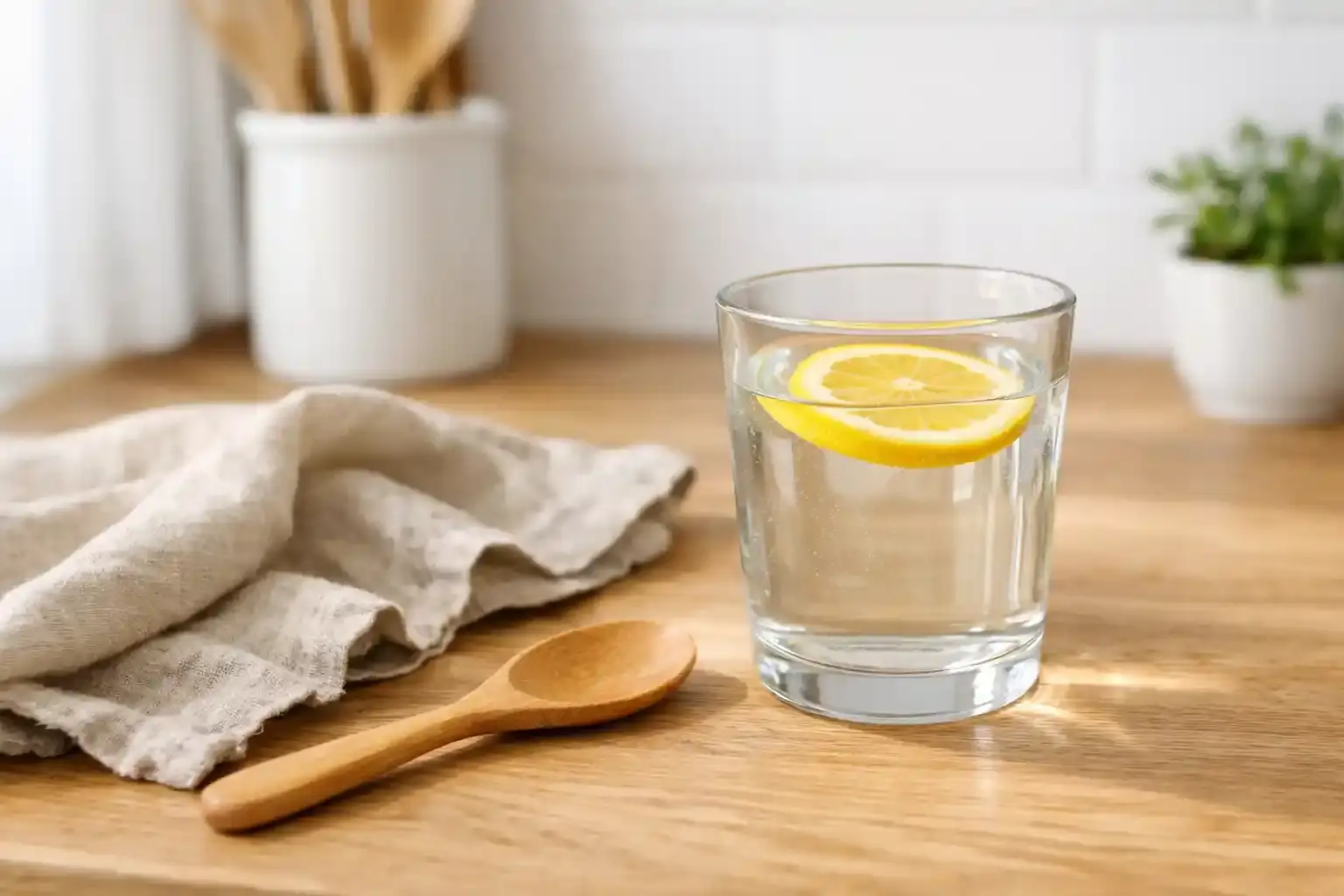 Glass of lemon water on a bright wooden counter illustrating weight loss drinks effectiveness.