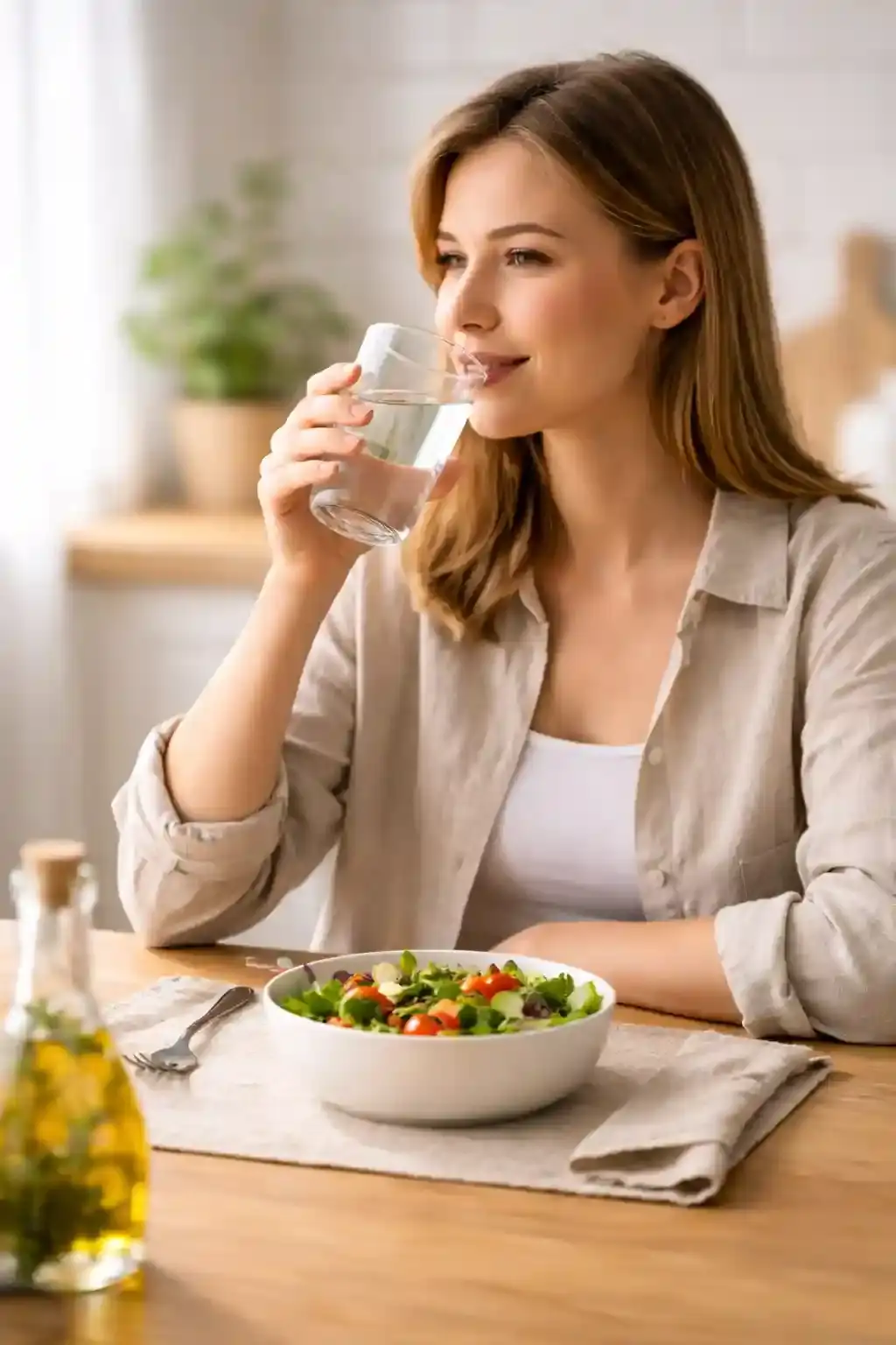 A woman drinking water before a meal to illustrate fullness and hydration and weight loss connection.