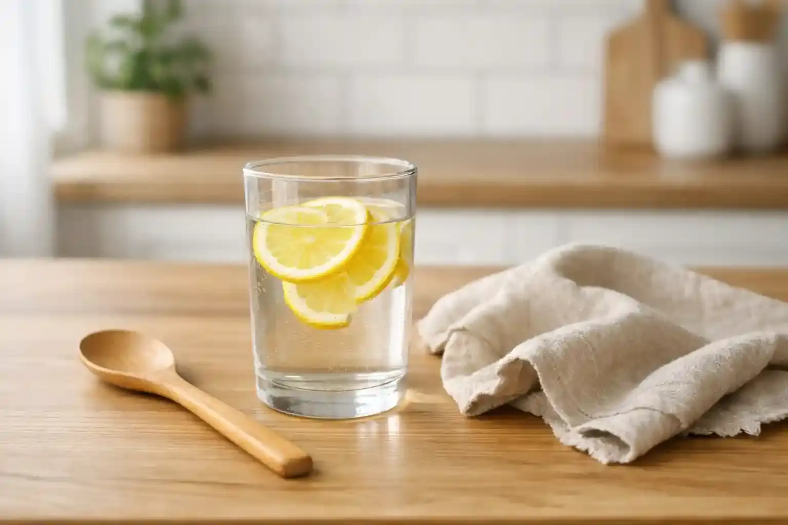 A glass of water with lemon slices on a wooden kitchen counter illustrating hydration and weight loss.