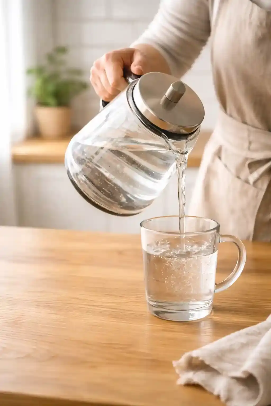 A person pouring water into a glass to show how hydration and weight loss are connected.