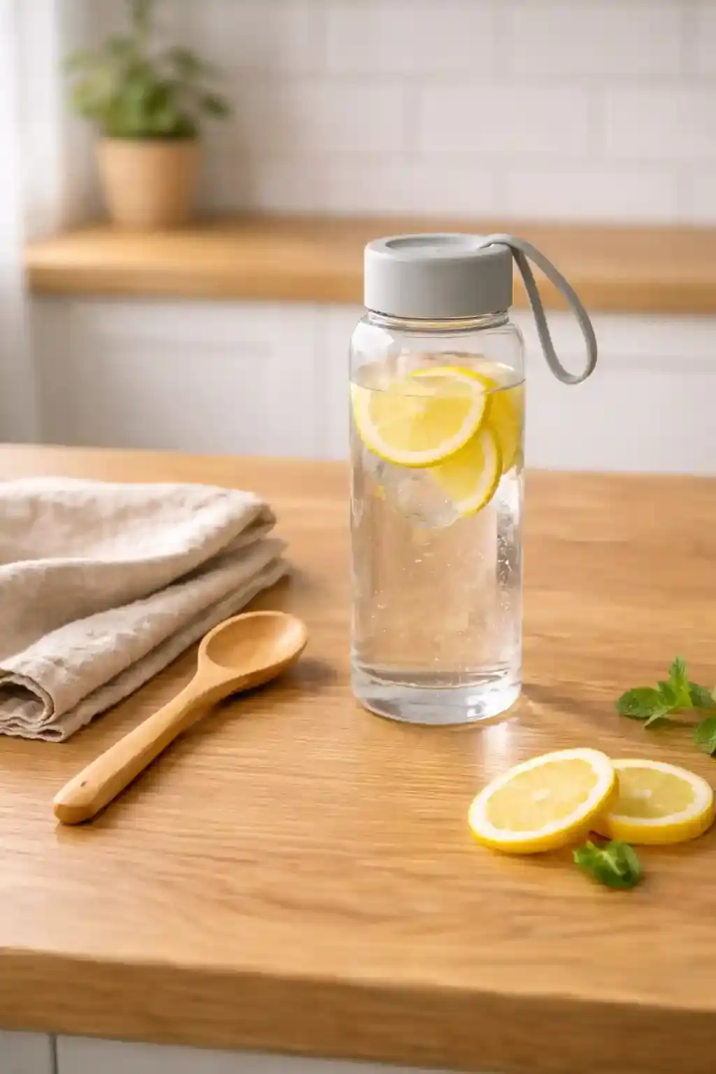 A reusable water bottle and lemon slices reminding of safe hydration and weight loss habits.