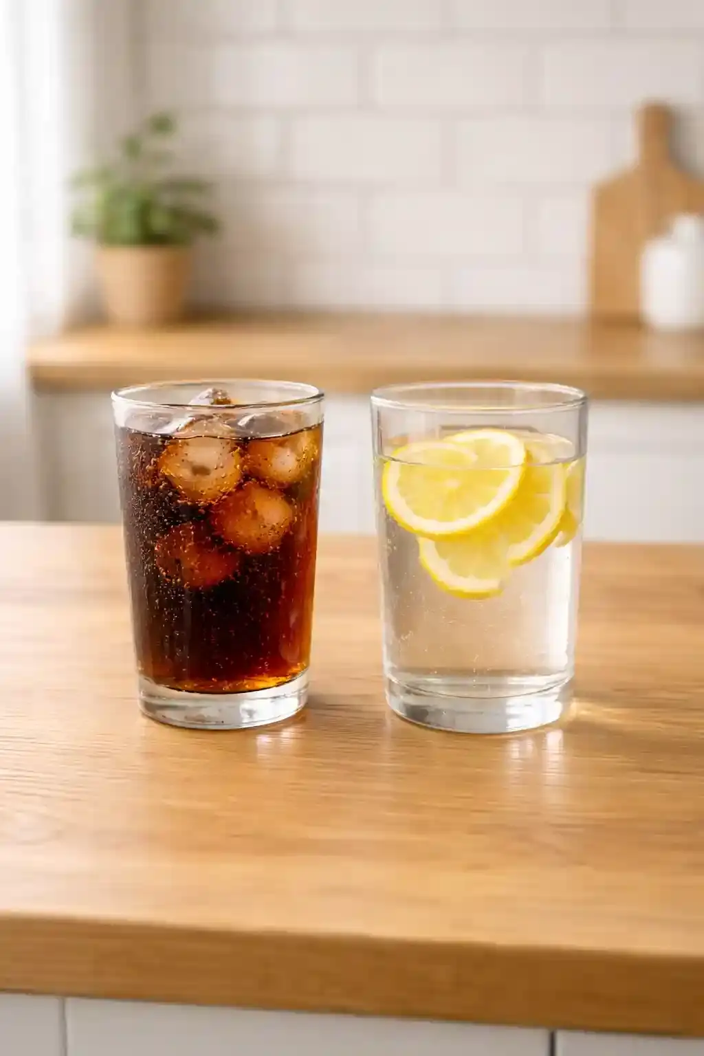 Side-by-side comparison of soda and water to illustrate the impact of hydration and weight loss.