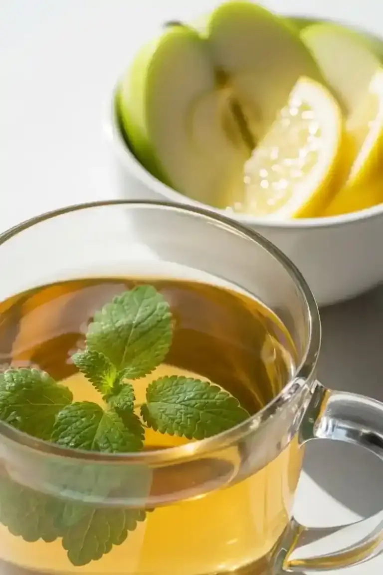 A cup of lemon balm tea with apple and lemon slices showing the lemon balm weight loss benefits for gentle digestion.