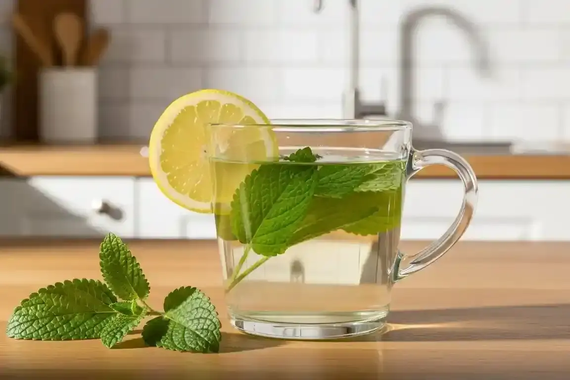 A clear glass mug of lemon balm tea with lemon slices and fresh leaves on a light oak counter illustrating the lemon balm weight loss benefits.