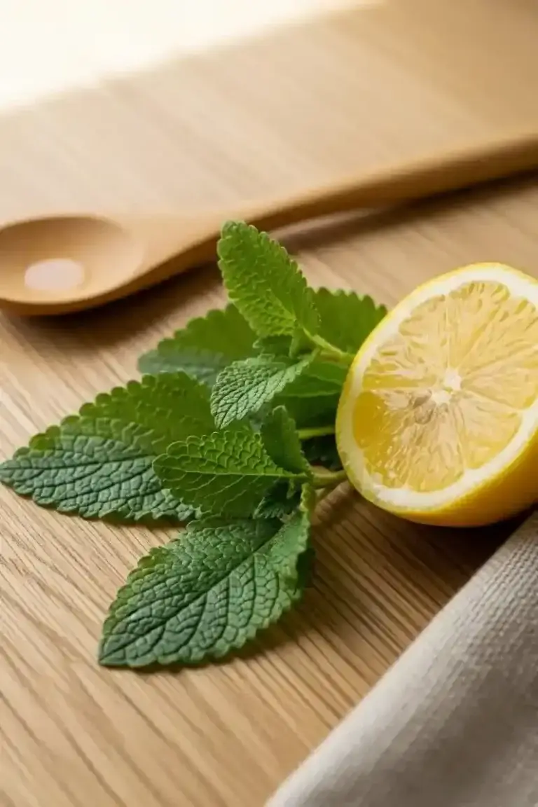 Fresh lemon balm leaves and a lemon wedge on a wooden counter representing the lemon balm weight loss benefits.