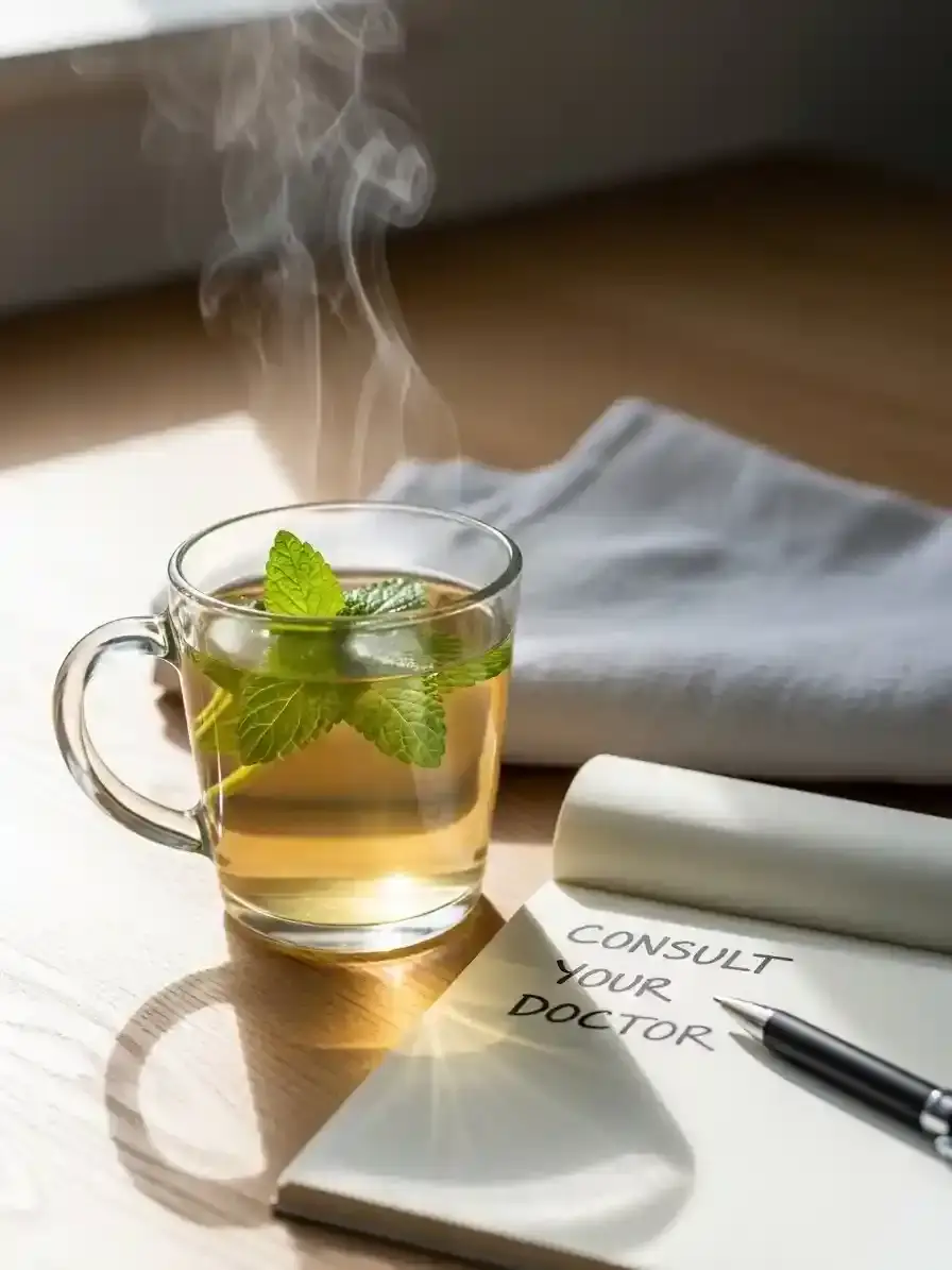 A clear glass mug of lemon balm tea beside an open notepad and pen illustrating the lemon balm weight loss benefits with mindful use.