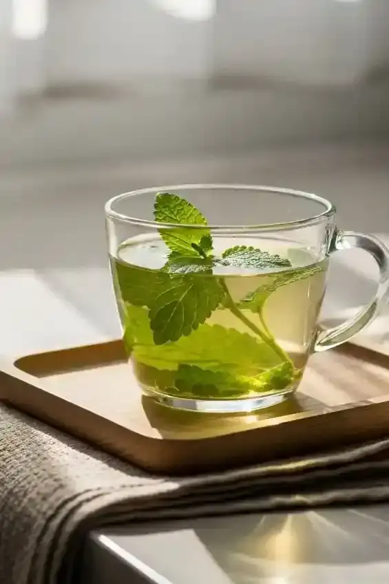 A glass mug of lemon balm tea beside a linen towel symbolizing the lemon balm weight loss benefits through relaxation and better sleep.
