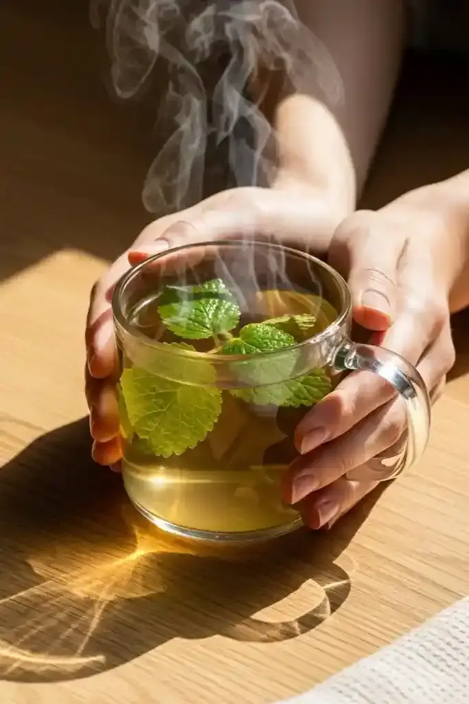 Hands holding a clear glass mug of lemon balm tea to illustrate the lemon balm weight loss benefits through stress relief.