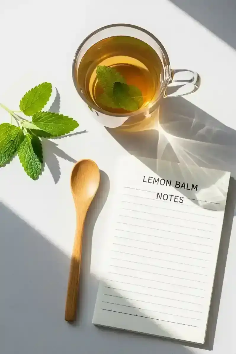 Notepad titled “Lemon Balm Notes” next to a mug of lemon balm tea, educational visual for the TastyMillions lemon balm guide.
