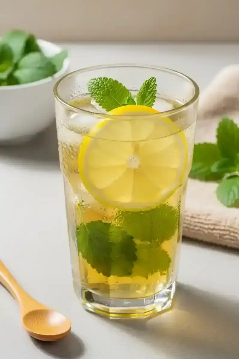 A tall glass of iced lemon balm tea with lemon slices, refreshing hydration drink featured by TastyMillions.